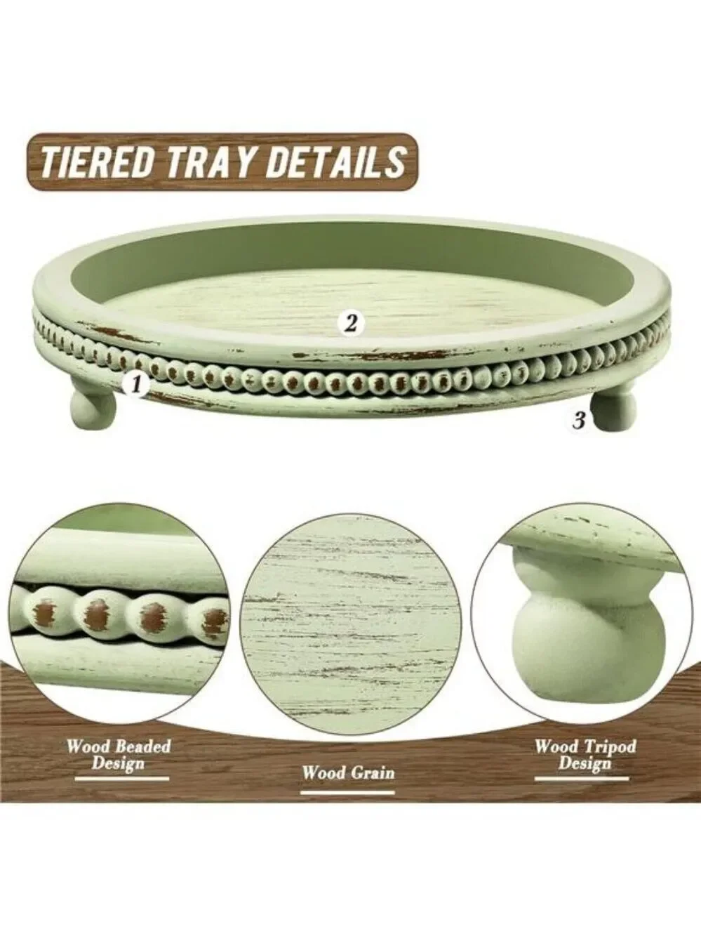 Wooden Beaded Round Tray Decorative Coffee Table Centerpiece Sage Farmhouse